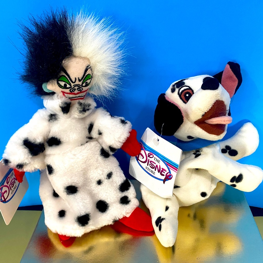 DISNEY STORE NWT 1990s COLLECTIBLE 101 DALMATIANS BEAN BAG PLUSH CRUELLA & PUPPY